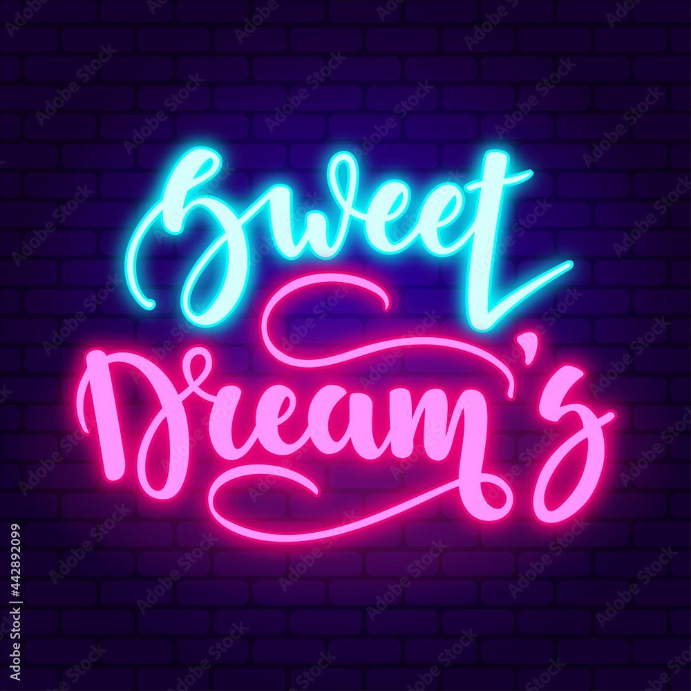 Obraz premium Sweet dreams. Glowing pink neon incription on dark brick wall background