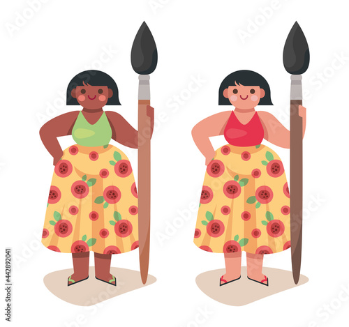 Personnage femme avec un pinceau géant, illustration pour cours de peinture arts plastiques, activité artistique, dessin et création, mignon et sympathique