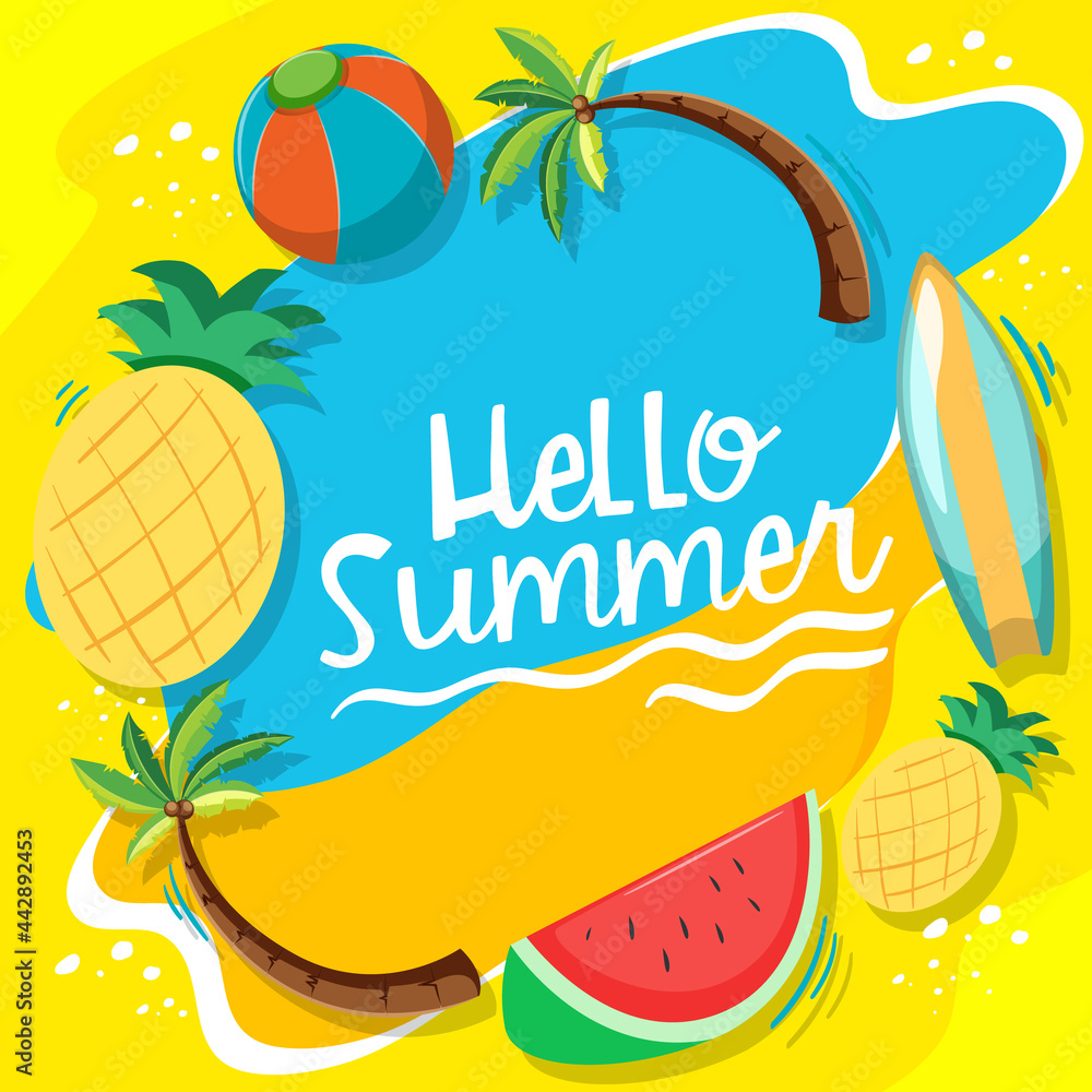 Hello Summer font with summer beach elements isolated