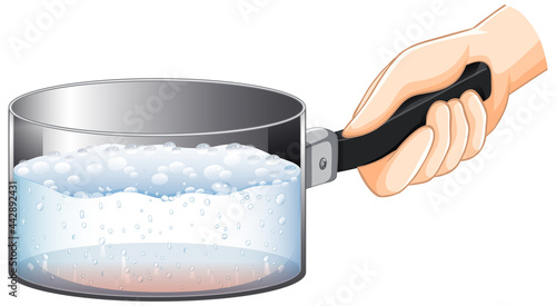 Boiled water in saucepan with hand