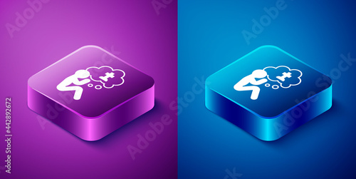 Isometric Man graves funeral sorrow icon isolated on blue and purple background. The emotion of grief, sadness, sorrow, death. Square button. Vector