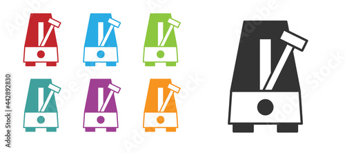 Black Classic Metronome with pendulum in motion icon isolated on white background. Equipment of music and beat mechanism. Set icons colorful. Vector