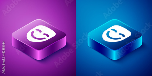 Isometric Comedy theatrical mask icon isolated on blue and purple background. Square button. Vector