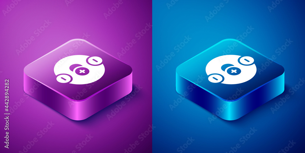 Isometric Atom icon isolated on blue and purple background. Symbol of science, education, nuclear physics, scientific research. Square button. Vector Isometric Atom icon isolated on blue and purple background. Symbol of science, education, nuclear physics, scientific research. Square button. Vector