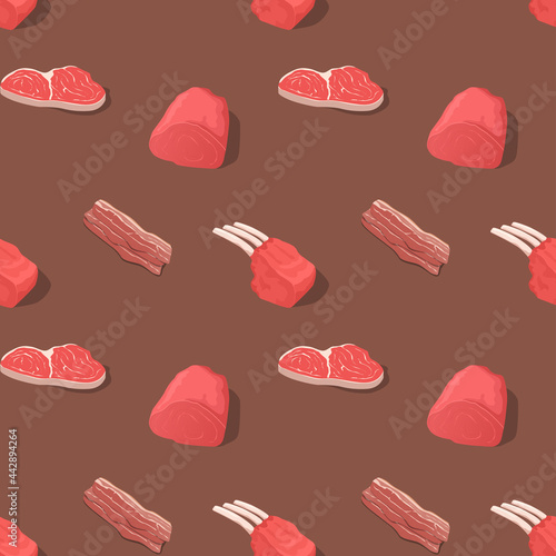 Fresh meat products seamless pattern for butcher shop, restaurant grill menu or background design with grilled beef steaks and fried chicken legs, bacon and prosciutto, loin chops and sirloin