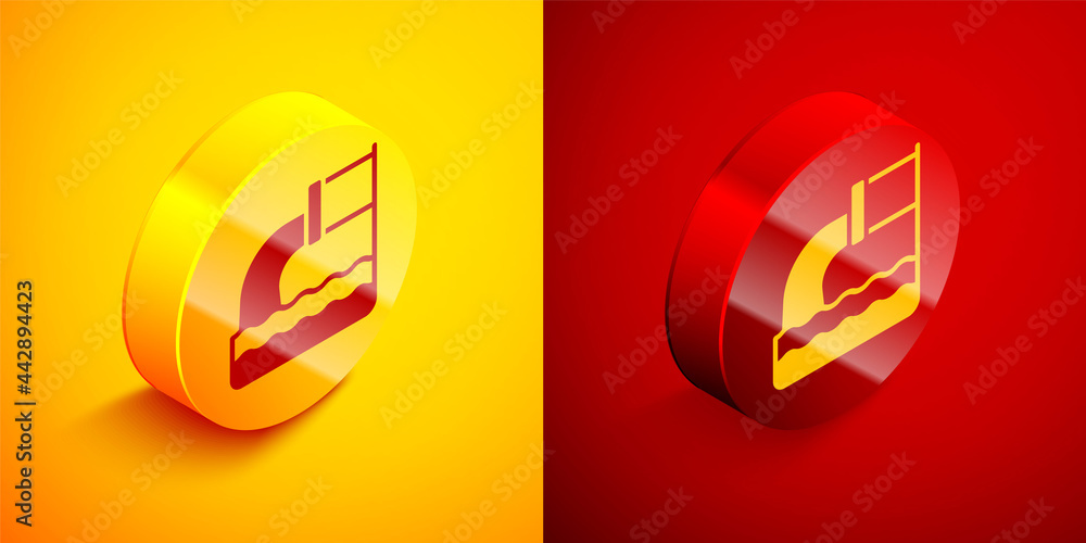 Isometric Wastewater icon isolated on orange and red background. Sewer pipe. From the pipe flowing liquid into the river. Circle button. Vector Isometric Wastewater icon isolated on orange and red background. Sewer pipe. From the pipe flowing liquid into the river. Circle button. Vector
