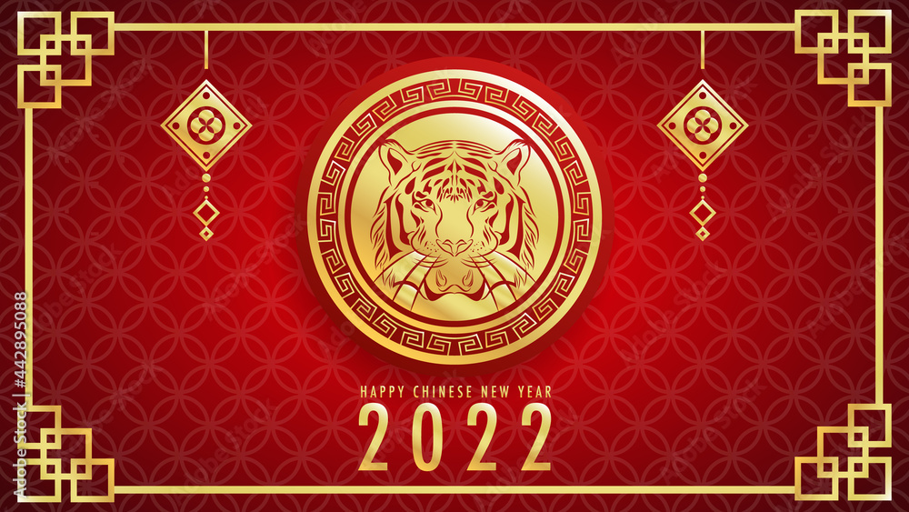 Chinese new year 2022 year of the tiger gold and asian elements on red background for online content in the new year 2022 , illustration Vector EPS 10 Chinese new year 2022 year of the tiger gold and asian elements on red background for online content in the new year 2022 , illustration Vector EPS 10