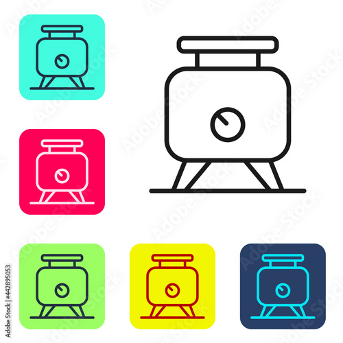 Black line Metal tank with grape juice as alcoholic fermentation icon isolated on white background. Set icons in color square buttons. Vector