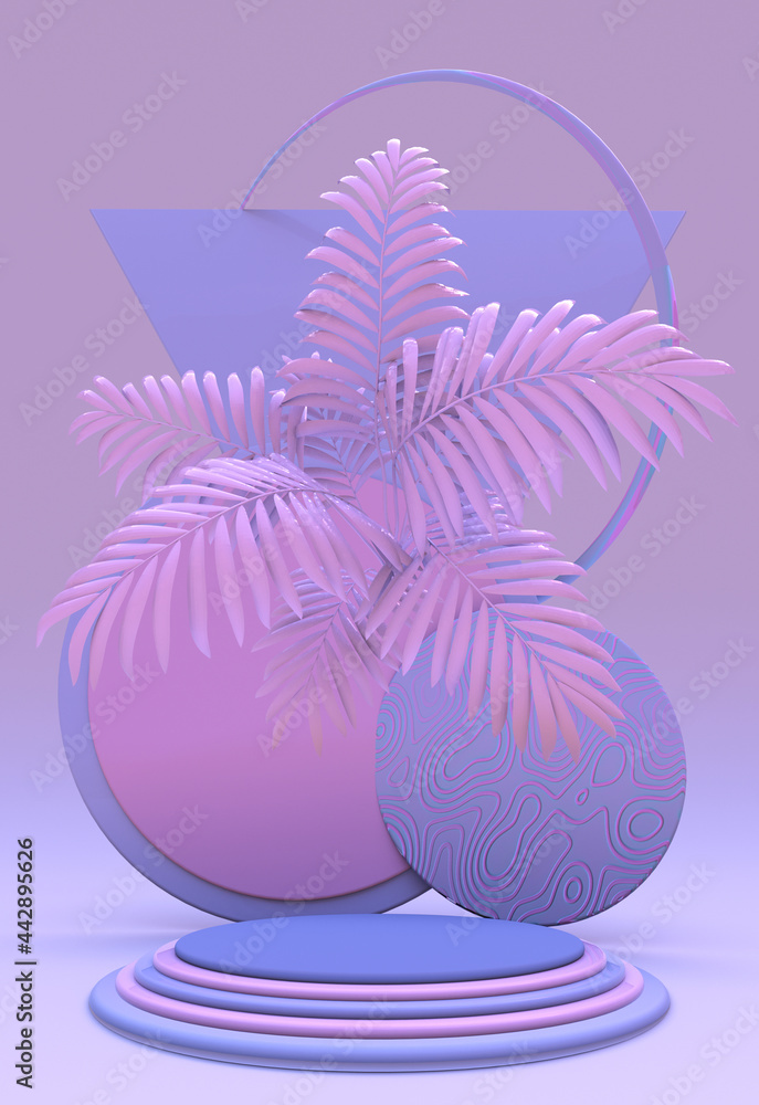 Pink violet pastel podium, platform for advertising products, promotions.Composition of geometric objects with abstract tropical palm leaf - 3D render. Spring, summer vertical illustration