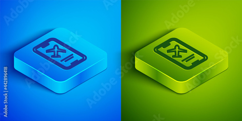 Isometric line Smartphone with electronic boarding pass airline ticket icon isolated on blue and green background. Passenger plane mobile ticket for web and app. Square button. Vector