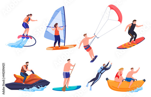 Collection of people enjoying beach sport vector performing extreme outdoor summer activity