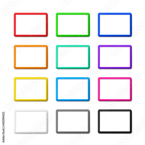Collection of twelve colored horizontal frames with shadows and rounded corners are blank mockup. Vector modern design of template photo frame A4 size is perfect for presentations, photos and pictures