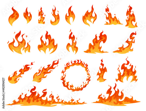 Collection of red and orange cartoon fire flame vector. Flammable fireball, circle, inferno light