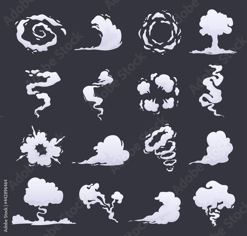 Collection of cartoon smoke vector flat illustration. Fragrance wind explosion, swirl or bomb effect