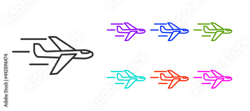 Black line Plane icon isolated on white background. Flying airplane icon. Airliner sign. Set icons colorful. Vector
