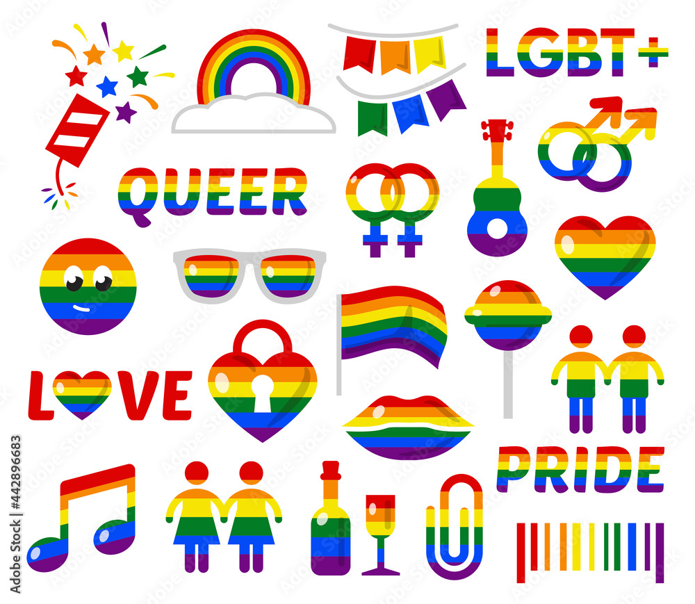 Fototapeta premium Collection of lgbt sign vector flat illustration. Homosexual community attributes label