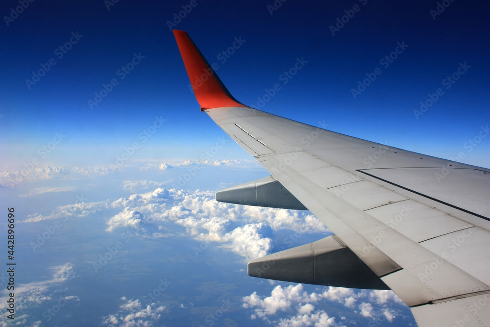 Fototapeta premium Airplane wing in the blue sky