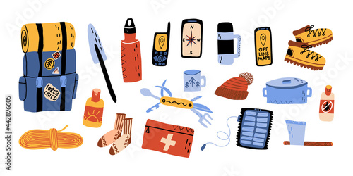 Forest tourism, outdoor vacation must have set. Backpack and sleeping bag, shovel, all-in-one knife, navigation, offline maps