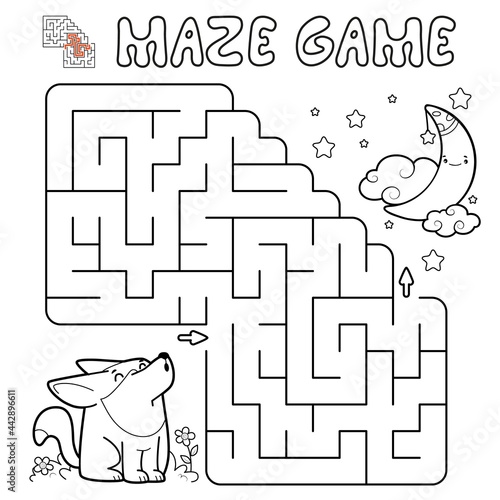 Maze puzzle game for children. Outline maze or labyrinth game with wolf.