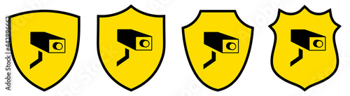CCTV camera icon inside shield, different versions. Protection or surveillance concept