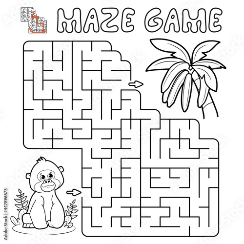 Maze puzzle game for children. Outline maze or labyrinth game with gorilla. Monkey and bananas
