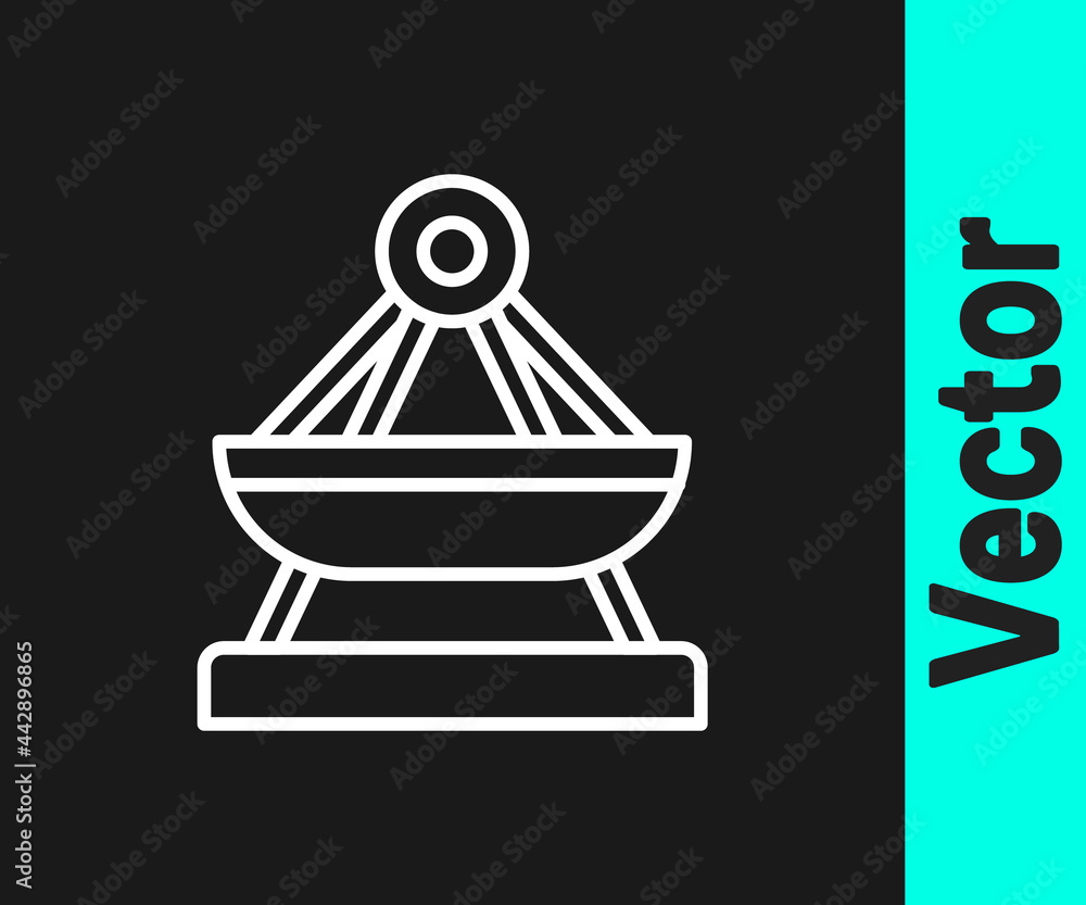 White line Boat swing icon isolated on black background. Childrens entertainment playground. Attraction riding ship, swinging boat. Amusement park. Vector White line Boat swing icon isolated on black background. Childrens entertainment playground. Attraction riding ship, swinging boat. Amusement park. Vector