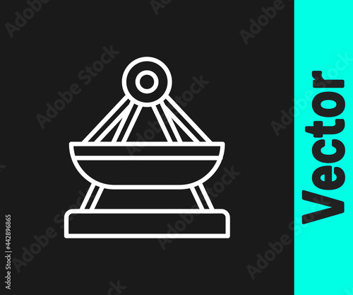 White line Boat swing icon isolated on black background. Childrens entertainment playground. Attraction riding ship, swinging boat. Amusement park. Vector