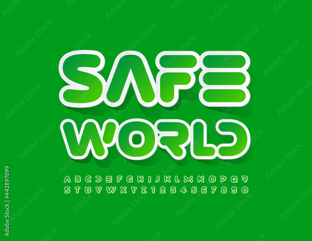 Vector ecologic sign Safe World. Green sticker Font. Set of abstract Alphabet Letters and Numbers Vector ecologic sign Safe World. Green sticker Font. Set of abstract Alphabet Letters and Numbers