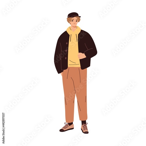 Modern young man in fashion casual clothes. Stylish guy in trendy apparel. Male model wearing cap, hoodie, jacket, pants and shoes. Fashionable men look. Flat vector illustration isolated on white