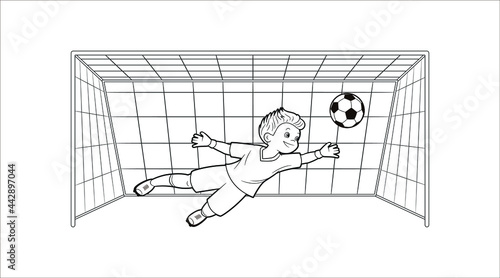 Coloring book young soccer player goalkeeper catches soccer ball in flight against the background of soccer goal.Vector illustration in cartoon style, black and white line art,outline