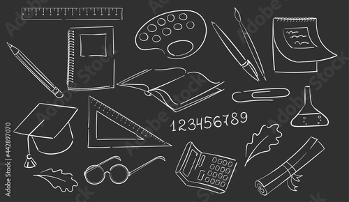 school supplies white outline isolated on a dark background. Subjects for school classes. Rulers, Calculator, Glasses, Scroll, Book, Notebook, Pencil, Pen, Brush, Palette, Notepad