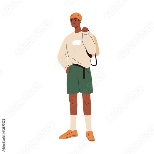Black-skinned man in fashion summer clothes. Modern guy wearing trendy shorts, long sleeve, knitted hat, socks and shoes. Stylish casual male look. Flat vector illustration isolated on white
