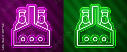 Glowing neon line Pack of beer bottles icon isolated on purple and green background. Case crate beer box sign. Vector