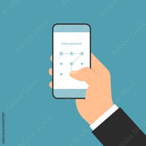Flat design illustration of a manager's hand holding a smartphone with a login screen and entering a graphic passcode, vector