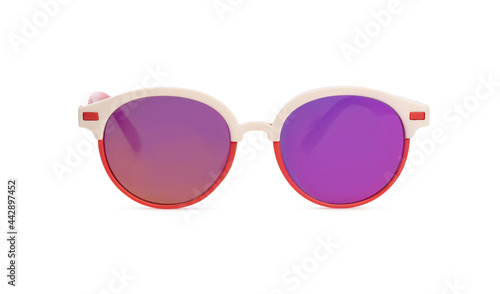 Front view of sunglasses in red and white colored frame isolated on white background