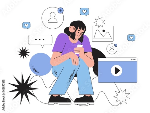 Young woman looking on smartphones screen and chatting. Happy girl talking and typing on mobile phone. Concept of reffer a friend, social media marketing or network promotion, smm. Ui, ux design.