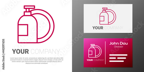 Logotype line Dishwashing liquid bottle and plate icon isolated on white background. Liquid detergent for washing dishes. Logo design template element. Vector
