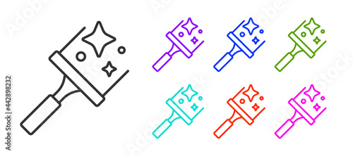 Black line Cleaning service with of rubber cleaner for windows icon isolated on white background. Squeegee, scraper, wiper. Set icons colorful. Vector