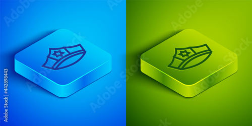 Isometric line Police cap with cockade icon isolated on blue and green background. Police hat sign. Square button. Vector