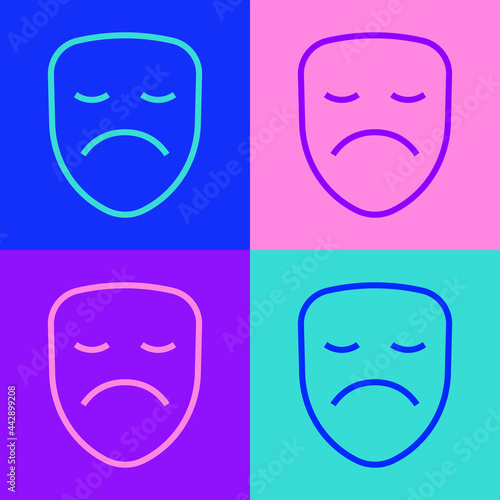 Pop art line Drama theatrical mask icon isolated on color background. Vector