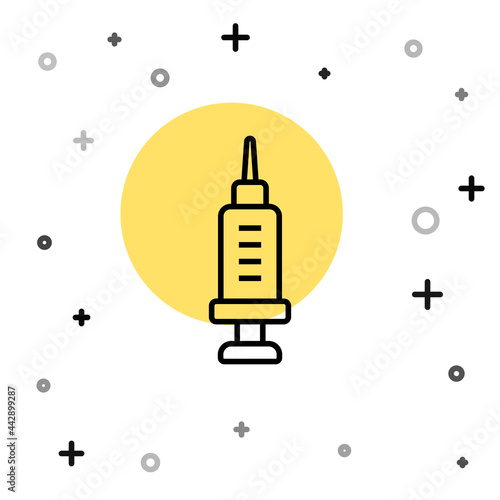 Black line Addiction to the drug icon isolated on white background. Heroin, narcotic, addiction, illegal. Sick junkie with a syringe and medical pills. Random dynamic shapes. Vector