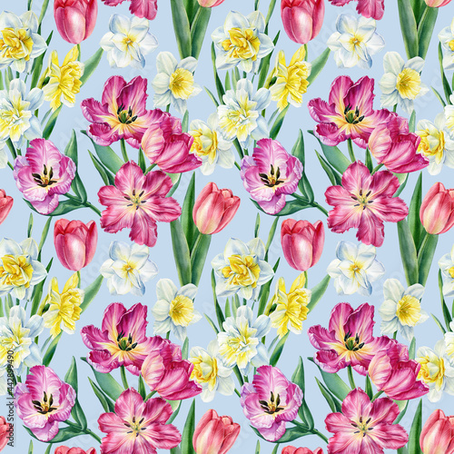 Wallpaper Mural Floral background, flowers tulips, daffodils, watercolor illustration, seamless pattern Torontodigital.ca