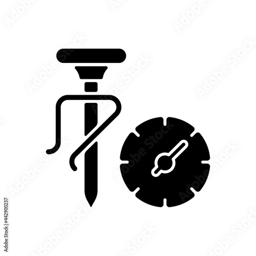 Milk thermometer black glyph icon. Professional tool for measuring food, drink temperature. Coffee making utensil. Barista accessories. Silhouette symbol on white space. Vector isolated illustration