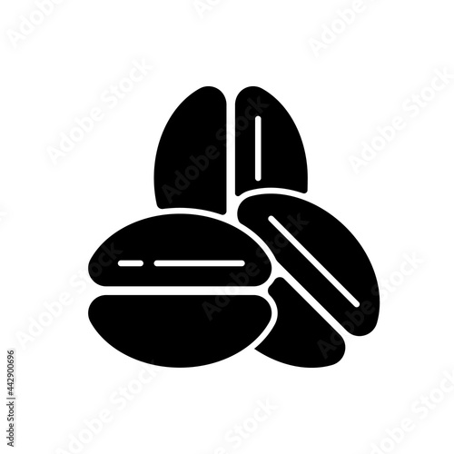 Coffee beans black glyph icon. Roasted seeds for espresso preparation. Processed arabica and robusta for coffee shops. Silhouette symbol on white space. Vector isolated illustration