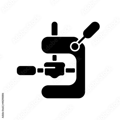 Tamping espresso machine black glyph icon. Professional coffee maker. Commercial appliance for preparing americano. Barista accessories. Silhouette symbol on white space. Vector isolated illustration