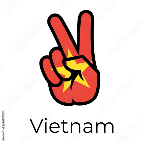 Vietnam flag in the form of a peace sign. Gesture V victory sign, patriotic sign, icon for apps, websites, T-shirts, souvenirs, etc., isolated on white background