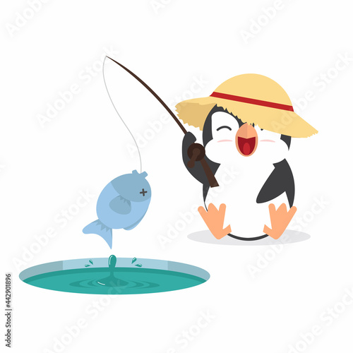 Cute fat penguin fisherman caught fish