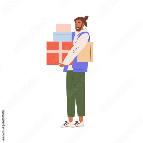 Happy man holding stack of birthday gifts in wrapped boxes. Young smiling person carrying giftboxes. Guy standing with presents in hands. Flat vector illustration isolated on white background