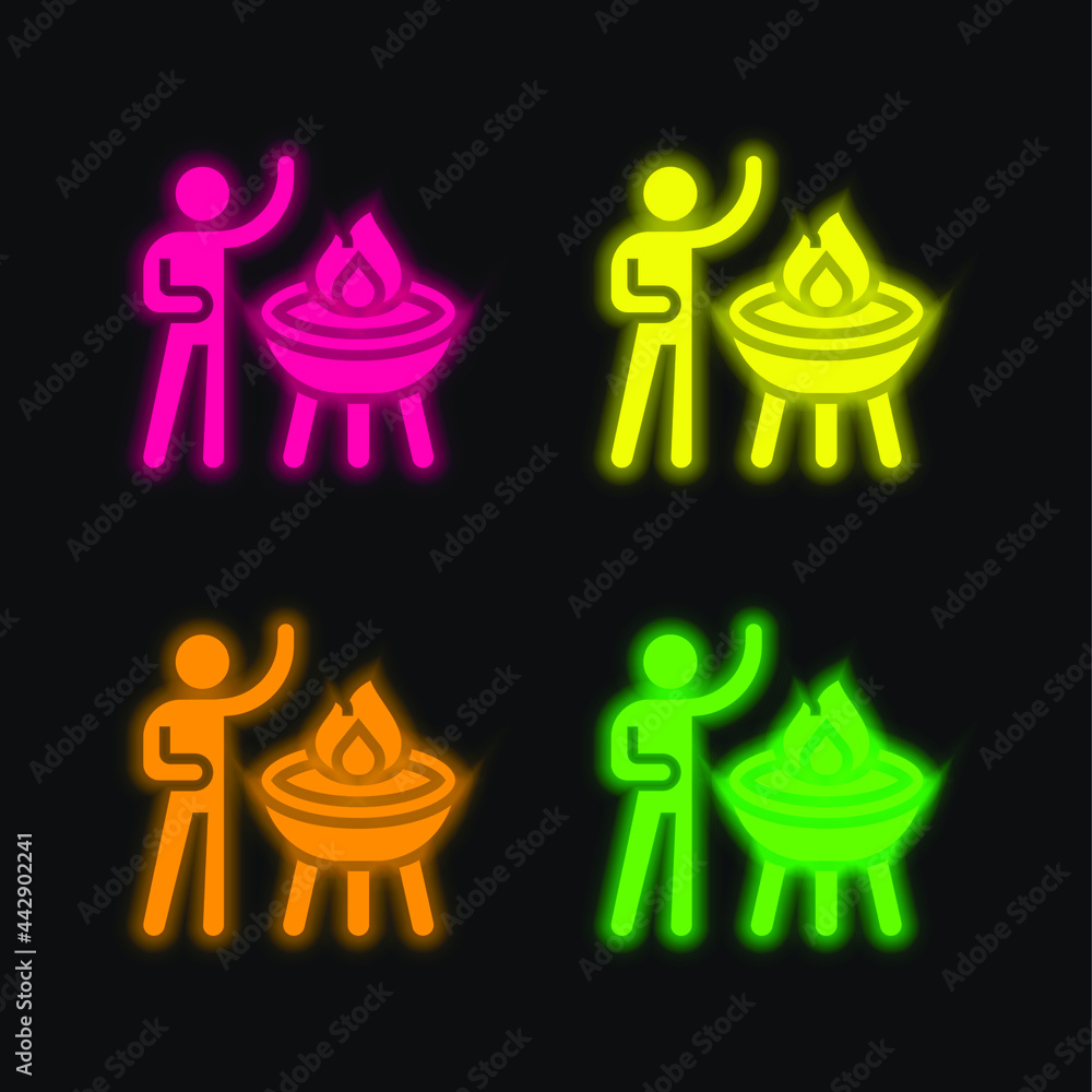 Fototapeta premium Barbecue four color glowing neon vector icon