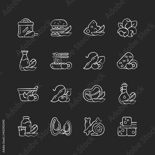 Soy foods chalk white icons set on dark background. Healthy meals preparation. Vegetarian types of products. Plant based snacks. Nutritions source. Isolated vector chalkboard illustrations on black